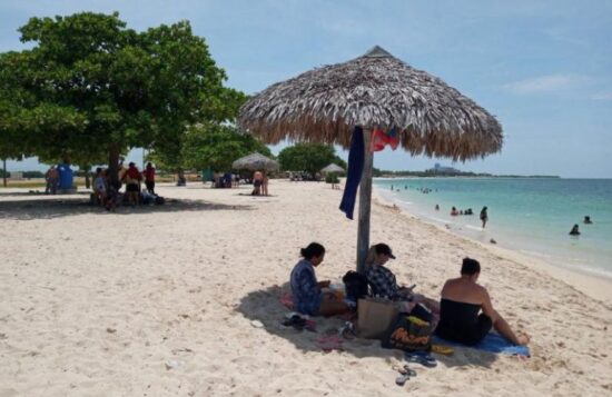 Los vacacionistas se acomodan bajo la sombra de los árboles o las sombrillas para disfrutar un día de playa.