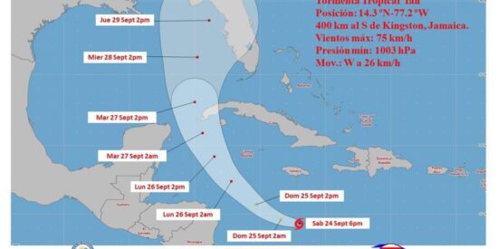 El cono de trayectoria del huracán Ian muestra su posible impacto en la región occidental al amanecer de mañana martes. Mapa: INSMET.