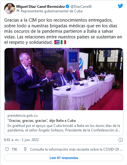 El presidente de Cuba, Miguel Díaz-Canel, agradeció este 1 ro de junio públicamente el sello al Hombre del Año que le fue entregado por la Confederación de Italianos por el Mundo (CIM).