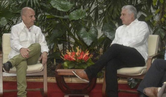 El presidente cubano le expresó a Carlos Lazo, «una vez más, nuestro agradecimiento, nuestro reconocimiento a toda la labor tuya y de Puentes de Amor. Fotos: Estudios Revolución.