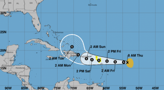 Posible trayectoria de la tormenta tropical Fiona. Foto: NHC. NOAA.