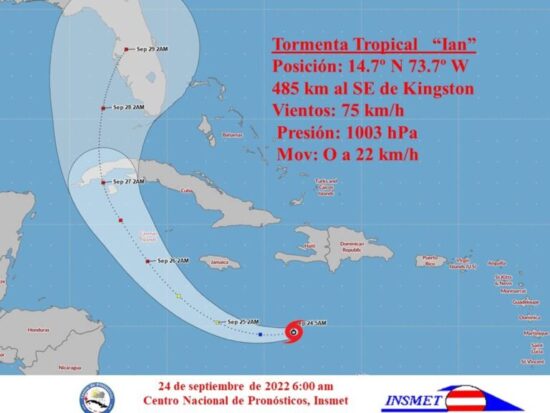 Según pronósticos, la tormenta tropical Ian presenta posibilidades de alcanzar la categoría de huracán el domingo tarde o en la noche. Imagen: Instituto de Meteorología de Cuba.