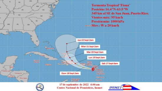 Cono de situación y posible trayectoria de la tormenta tropical Fiona, del sábado 17 de septiembre a las 6.00 am. (INSMET)
