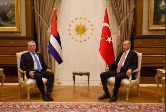 Díaz-Canel fue recibido por el mandatario turco, Recep Tayyip Erdogan. Foto: Cuenta de la Presidencia de Cuba en Twitter.