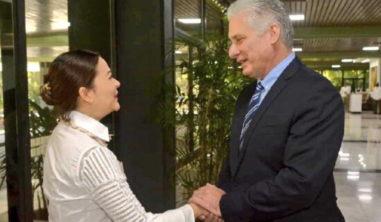 Miguel Díaz-Canel recibe a Janaina Tewaney Mencomo. Foto: Estudios Revolución.