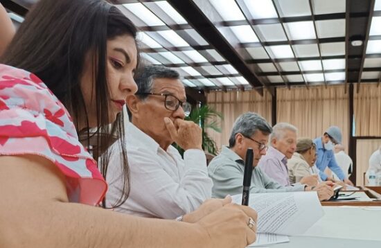 Delegación del Ejército de Liberación Nacional (ELN) revisando los acuerdos adoptados. Foto: @DelegacionEln/Twitter